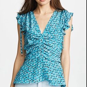 Veronica Beard Costa 100% Silk Blouse Blue Floral Vine Turquoise Size 4 $350